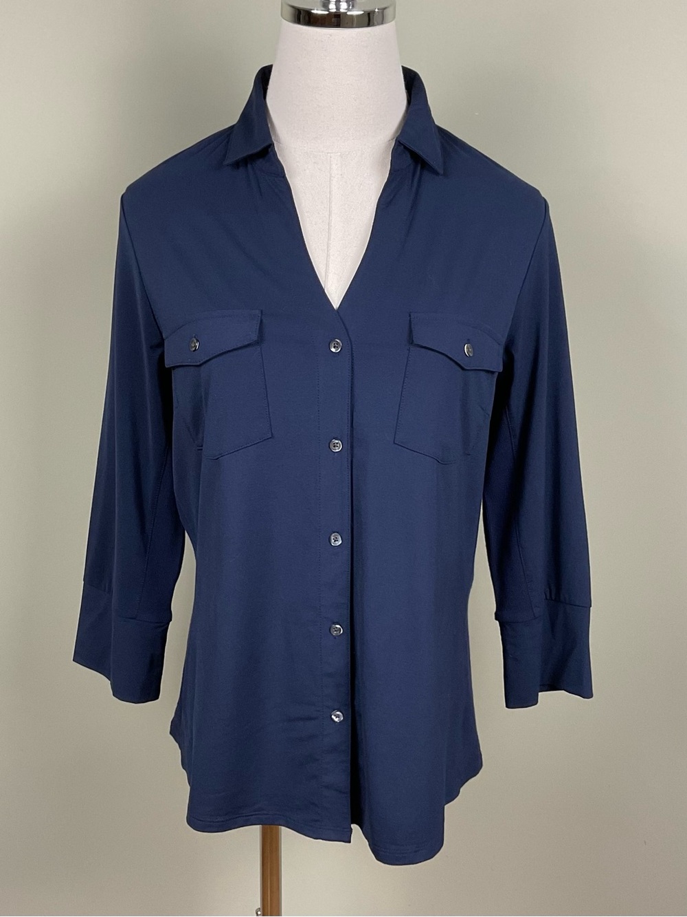 J. McLaughlin Navy Blue Button Front Utility Shirt Flap Pockets Sz Lg New Brynn